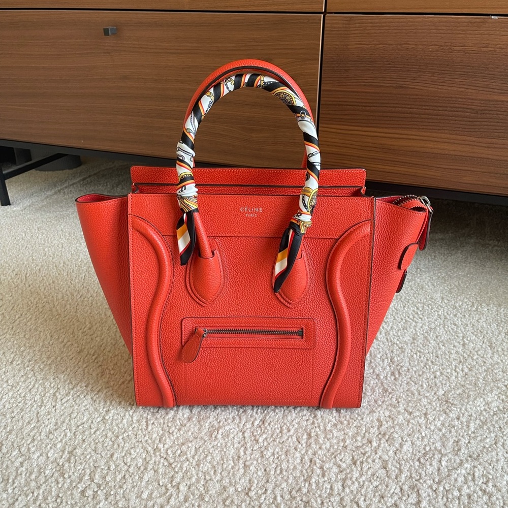 Celine Drummed Calfskin Micro Luggage Vermillion